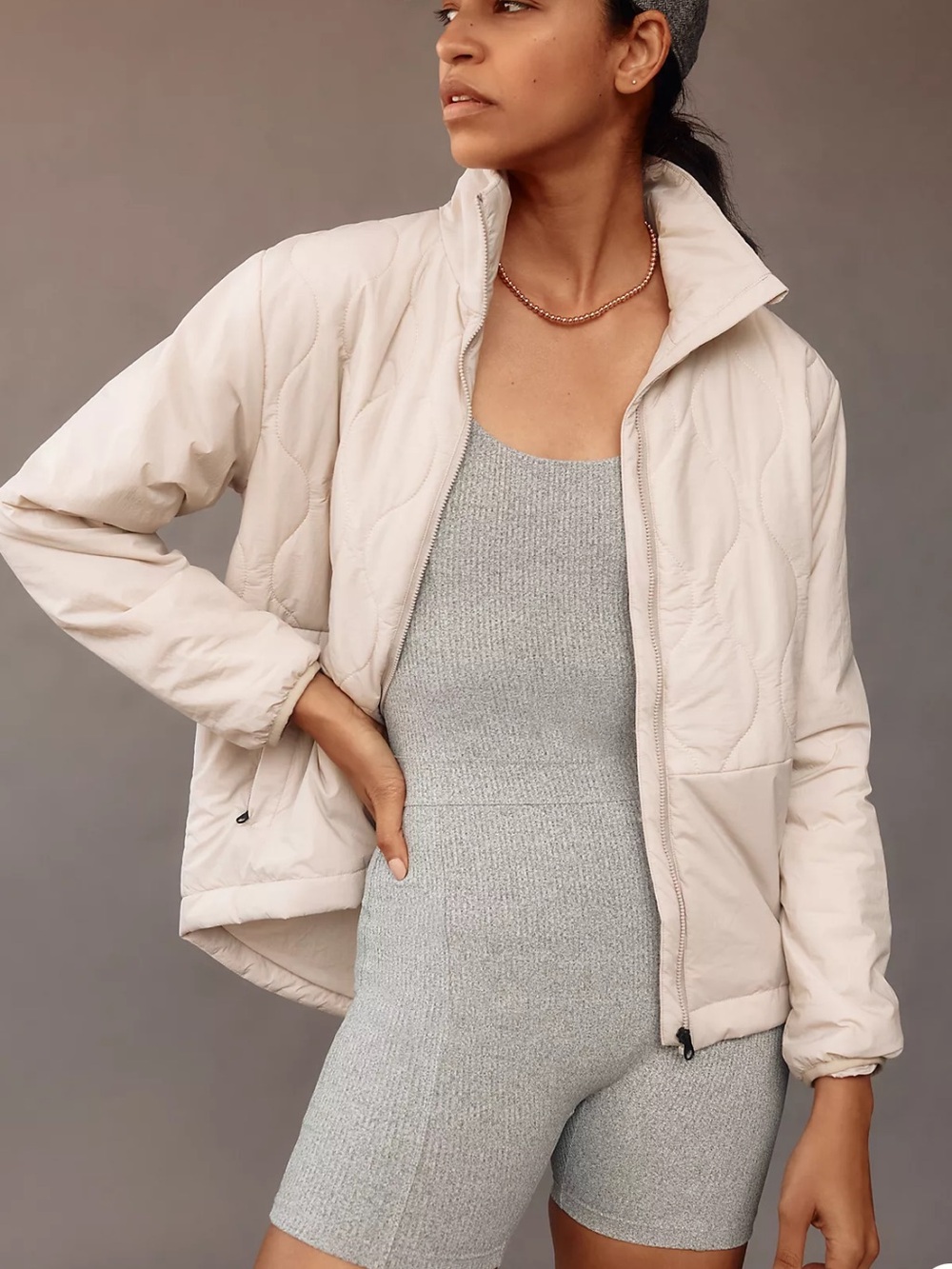 Varley Women's Jacket Size Medium Cream Gray Full Zip Kai Quilted Active Puffer